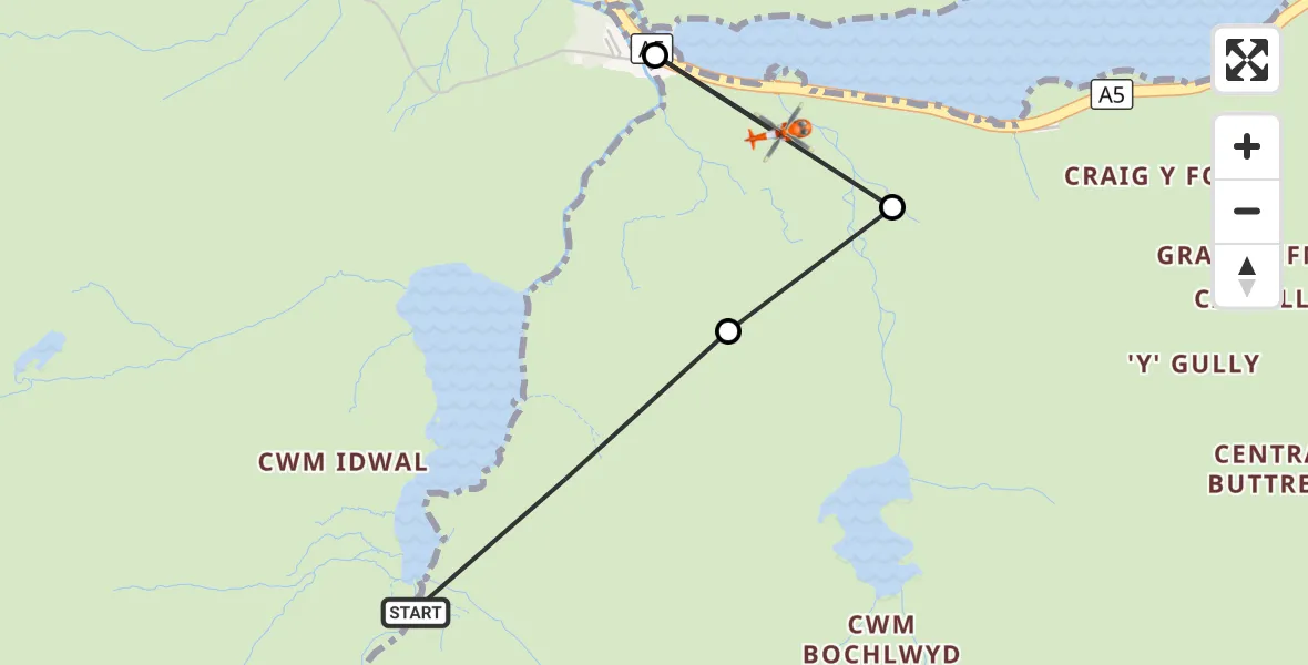 Flight route Coastguard Helicopter Capel Curig - Bethesda, 31 October 2026, 14:53