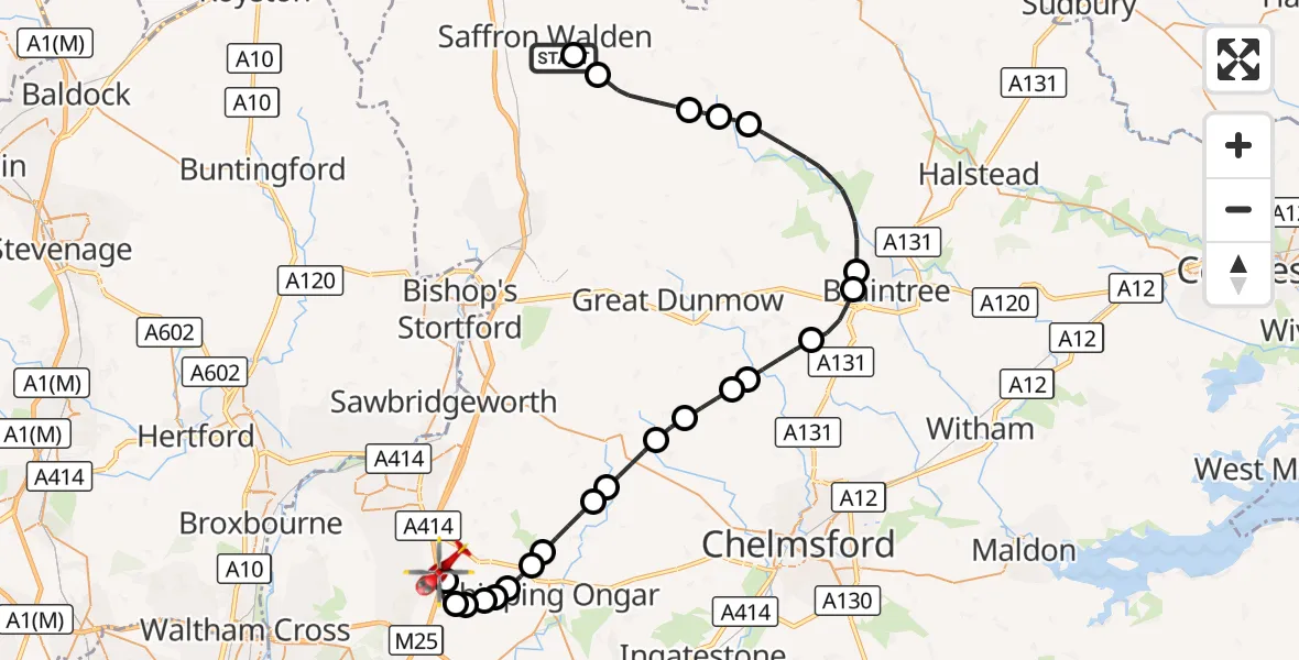 Flight route Air Ambulance Helicopter Saffron Walden - North Weald Airfield, 31 October 2026, 14:56