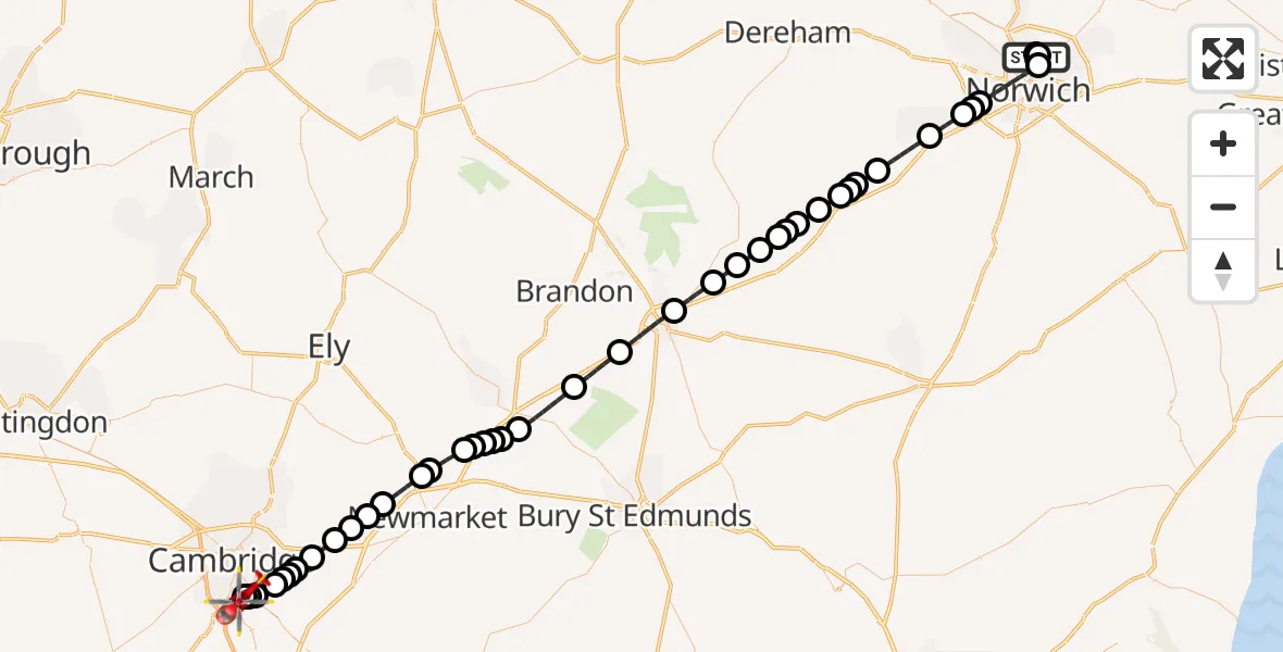 Flight route Air Ambulance Helicopter Broadland - Papworth Hospital, 31 October 2026, 15:11