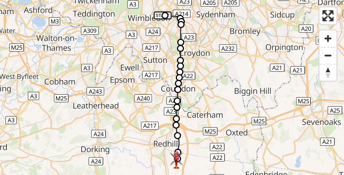 Flight route Air Ambulance Helicopter St Georges Hospital - Redhill Aerodrome, 31 October 2026, 15:18