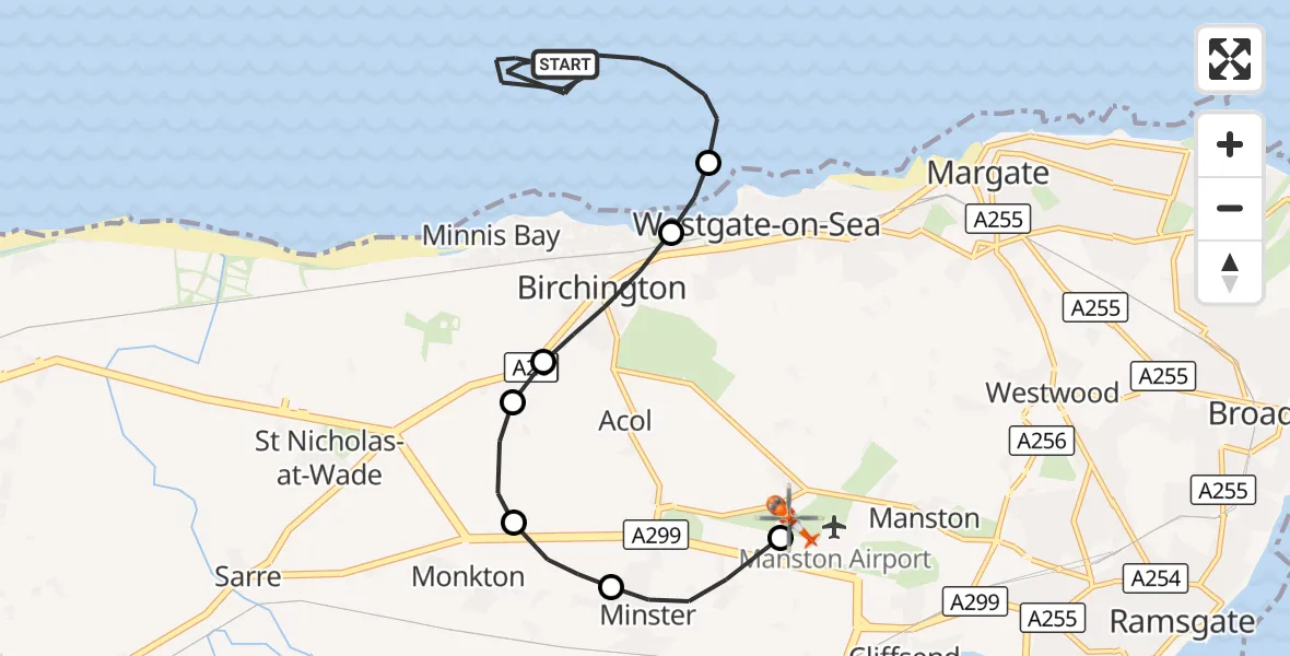 Flight route Coastguard Helicopter North Sea - Manston Airport, 31 October 2026, 15:25