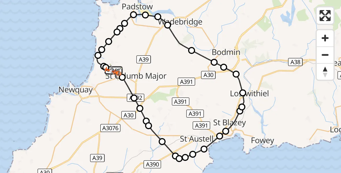 Flight route Coastguard Helicopter Cornwall Airport Newquay - Cornwall Airport Newquay, 31 October 2026, 15:27