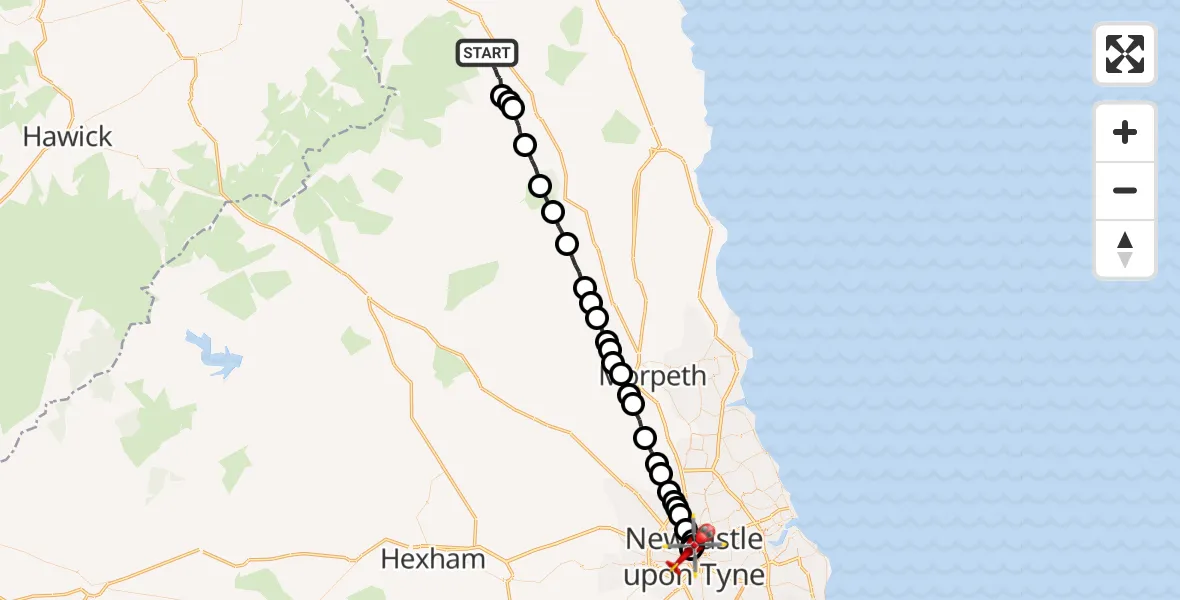 Flight route Air Ambulance Helicopter Ilderton - Newcastle Royal Victoria Infirmary, 31 October 2026, 15:31
