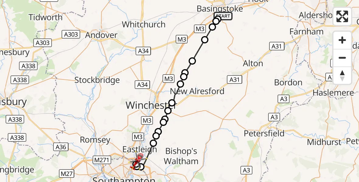 Flight route Air Ambulance Helicopter Cliddesden - Southampton Airport, 31 October 2026, 15:31