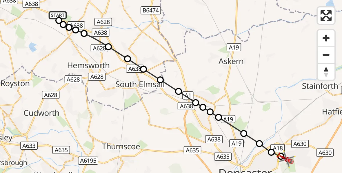 Flight route Air Ambulance Helicopter YAA Nostell Helicopter Port - Armthorpe, 31 October 2026, 15:34