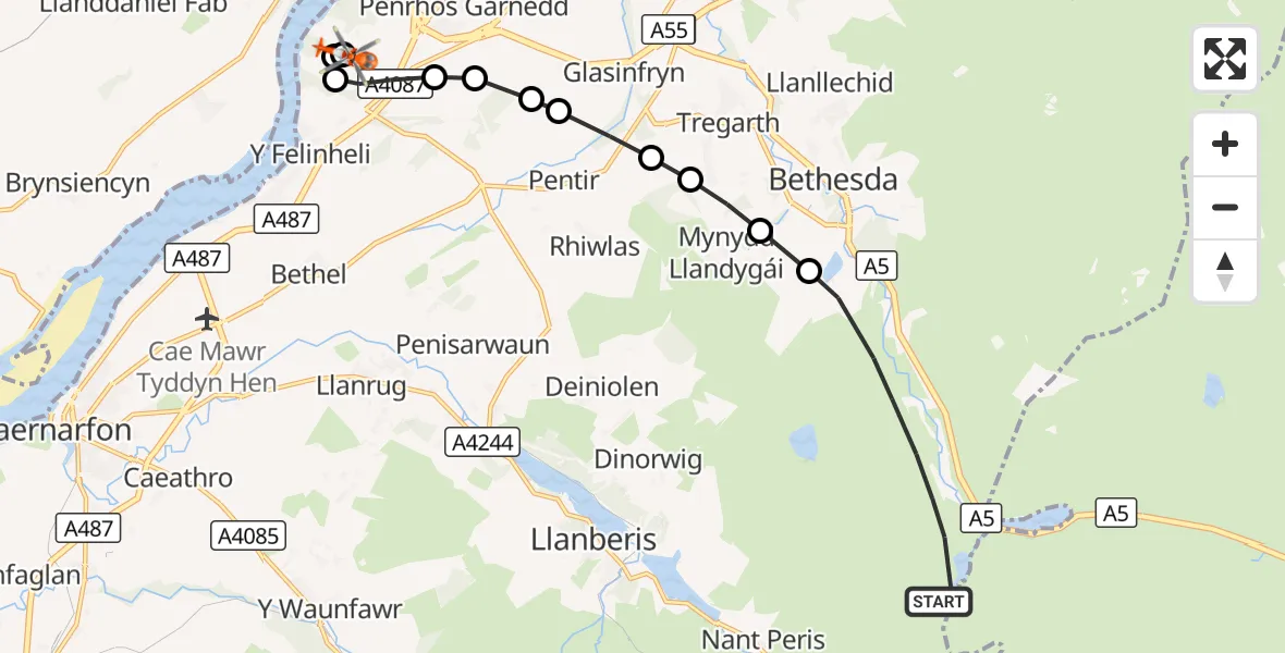 Flight route Coastguard Helicopter Llandygai - Pentir, 31 October 2026, 15:36