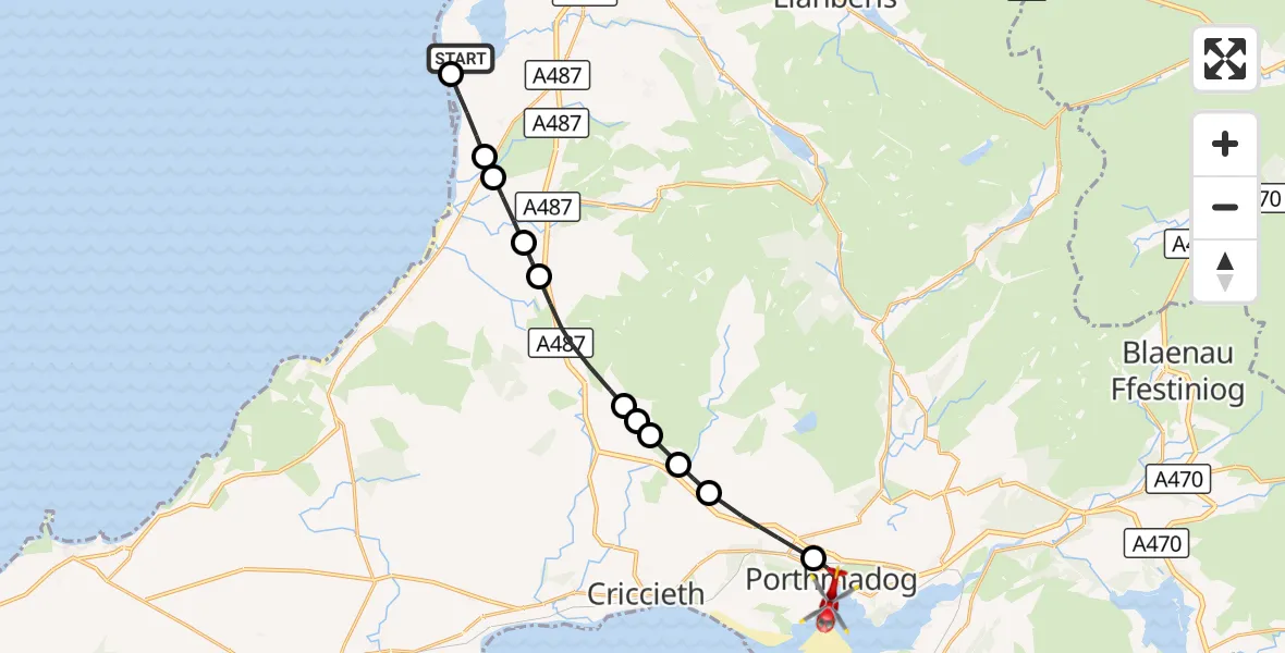 Flight route Air Ambulance Helicopter Caernarfon Airport - Porthmadog, 31 October 2026, 15:59