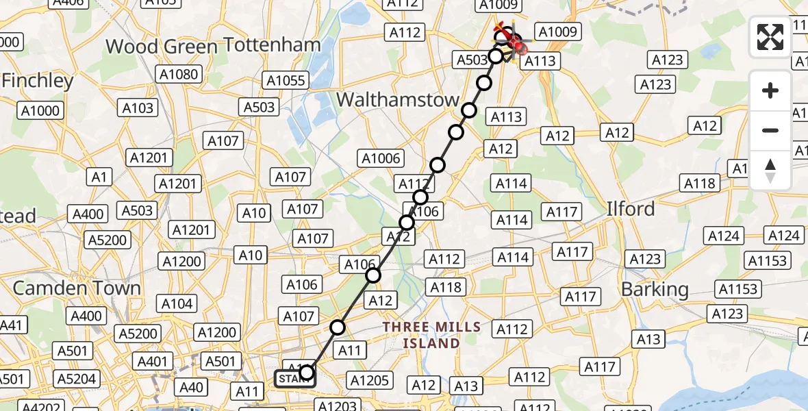 Flight route Air Ambulance Helicopter Royal London Hospital - South Woodford, 31 October 2026, 16:11