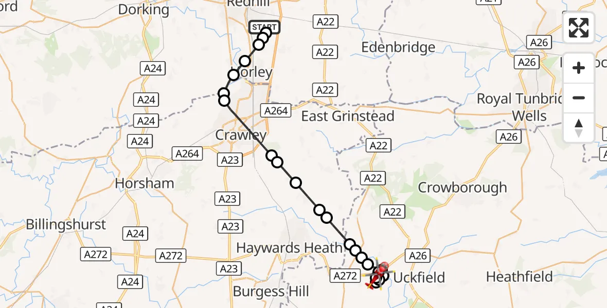 Flight route Air Ambulance Helicopter Redhill Aerodrome - Piltdown, 31 October 2026, 16:22