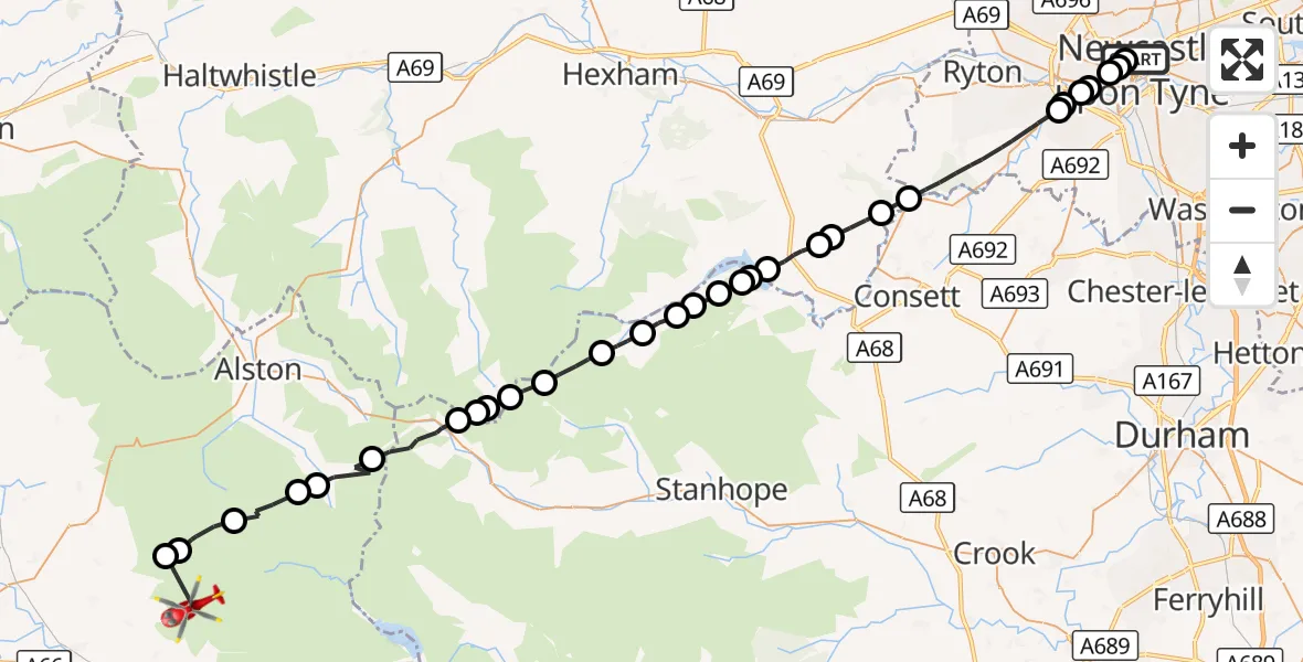 Flight route Air Ambulance Helicopter Newcastle Royal Victoria Infirmary - Culgaith, 31 October 2026, 16:28