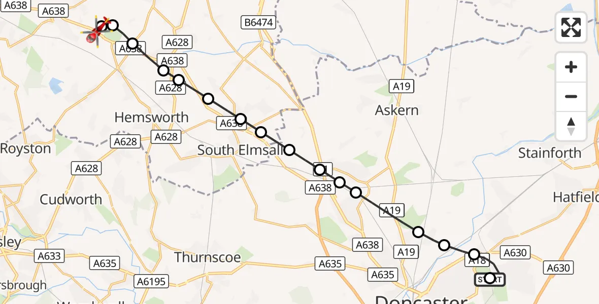 Flight route Air Ambulance Helicopter Wheatley Hills - YAA Nostell Helicopter Port, 31 October 2026, 16:46