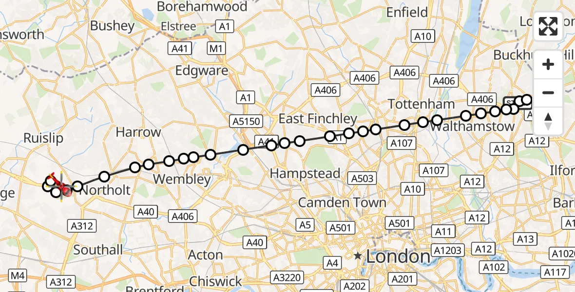 Flight route Air Ambulance Helicopter South Woodford - RAF Northolt, 31 October 2026, 16:49