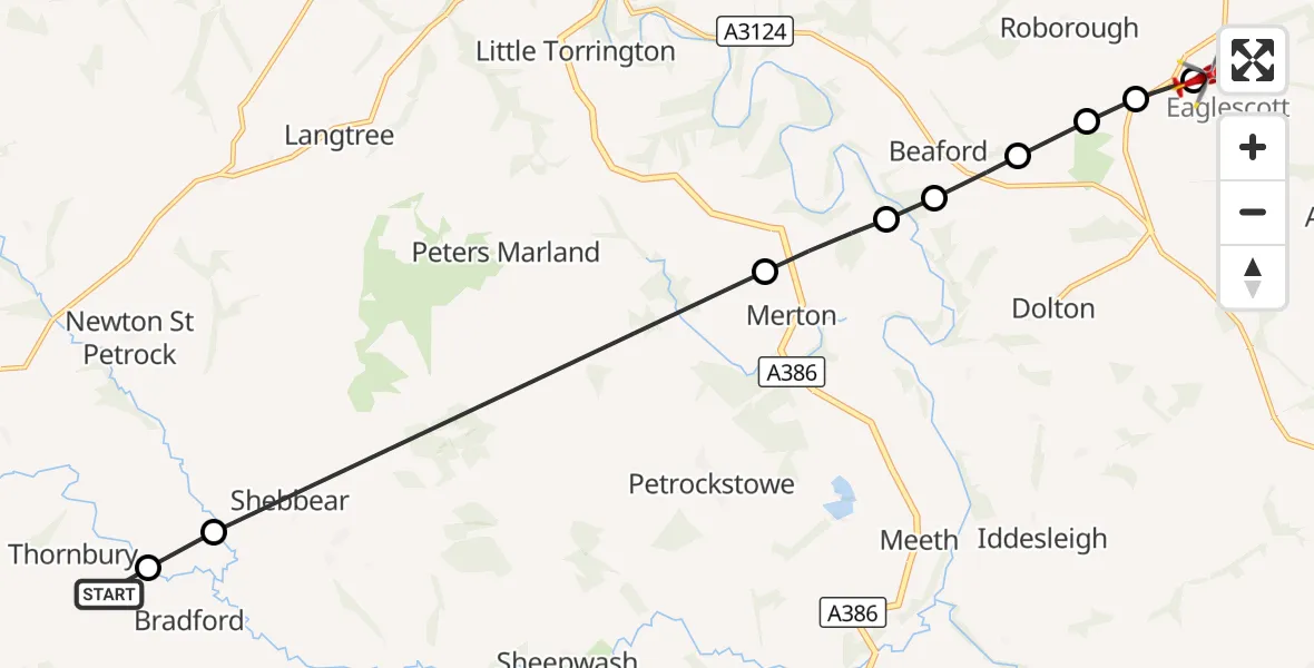 Flight route Air Ambulance Helicopter Thornbury - Eaglescott Airfield, 31 October 2026, 16:51