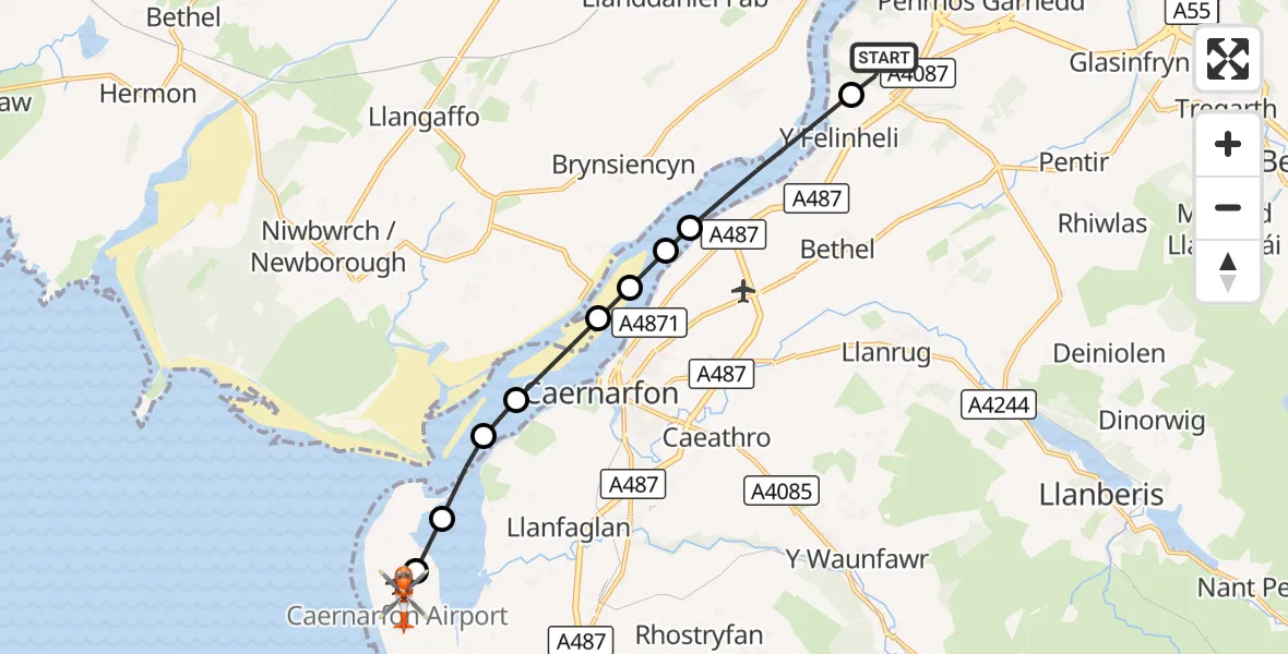 Flight route Coastguard Helicopter Aber Pwll - Caernarfon Airport, 31 October 2026, 17:00