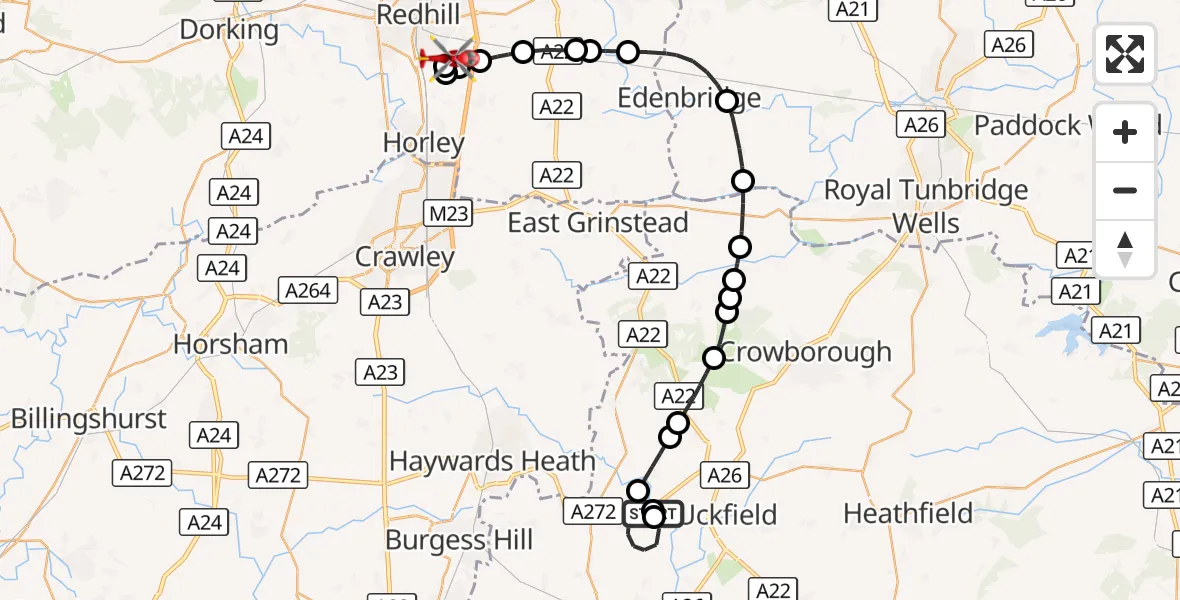 Flight route Air Ambulance Helicopter Lewes - Redhill Aerodrome, 31 October 2026, 17:05