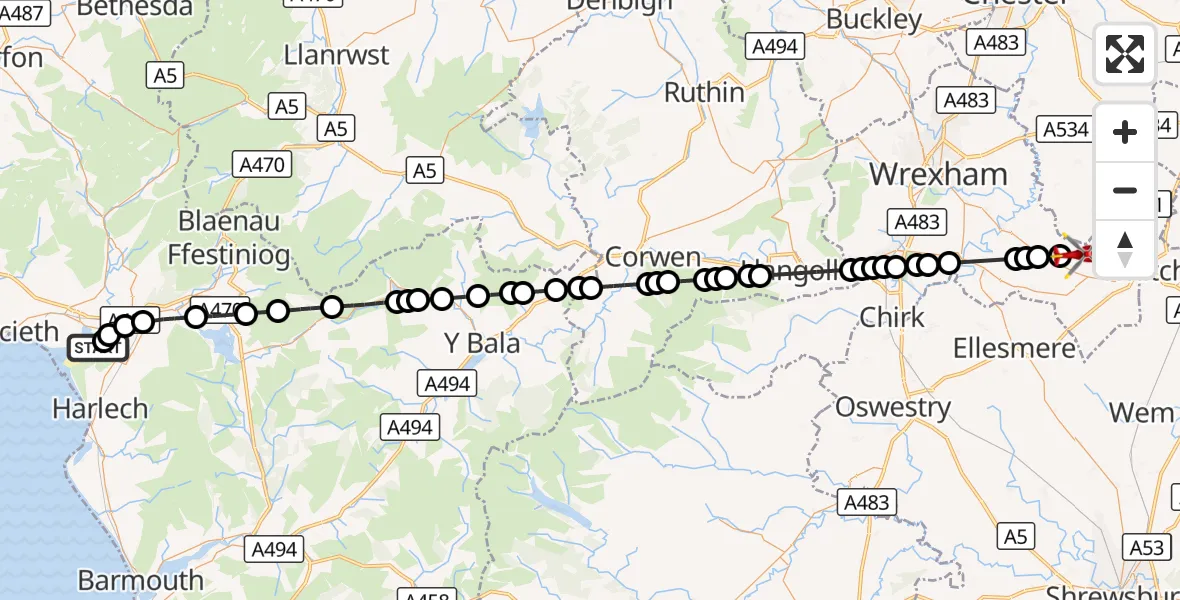Flight route Air Ambulance Helicopter Porthmadog - Tallarn Green, 31 October 2026, 17:48