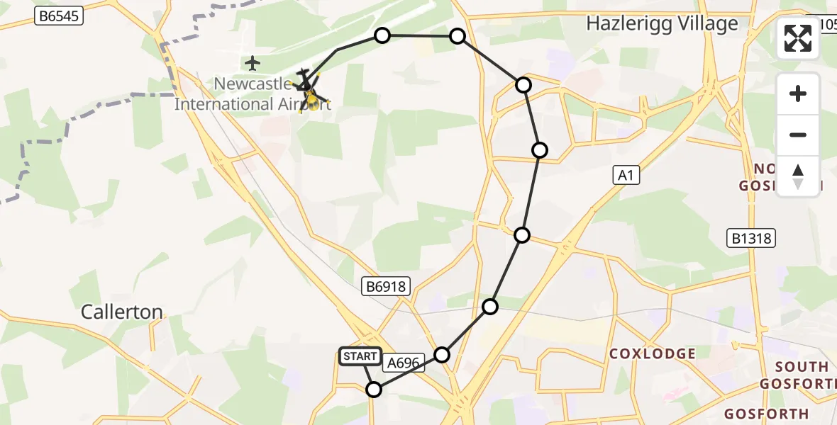 Flight route Police Helicopter Woolsington - Newcastle International Airport, 31 October 2026, 17:48