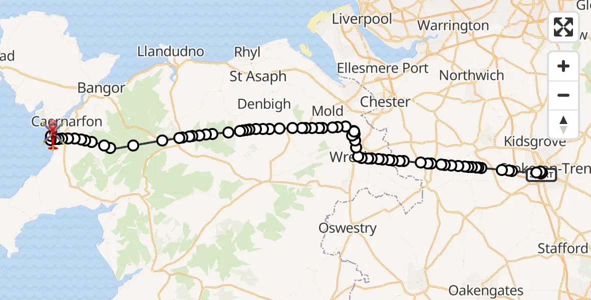 Flight route Air Ambulance Helicopter University Hospital North Staffs - Caernarfon Airport, 31 October 2026, 18:59