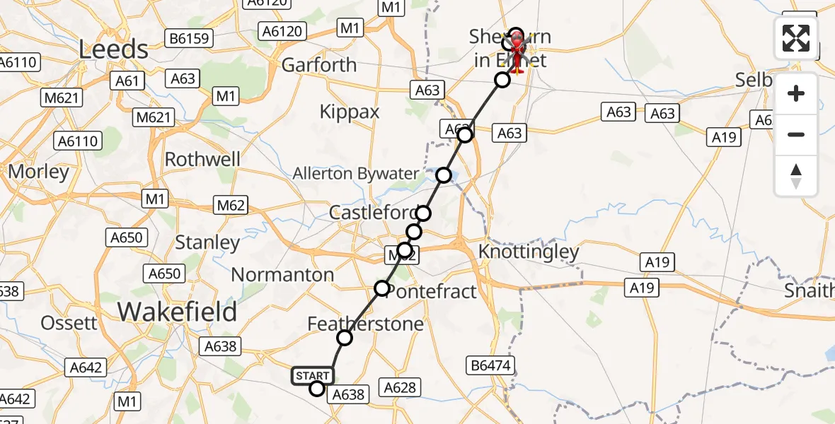 Flight route Air Ambulance Helicopter YAA Nostell Helicopter Port - Sherburn in Elmet, 31 October 2026, 19:41