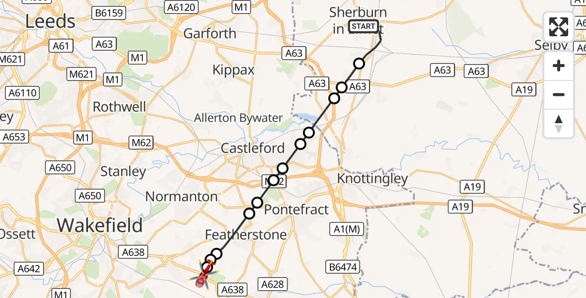 Flight route Air Ambulance Helicopter Sherburn in Elmet - YAA Nostell Helicopter Port, 31 October 2026, 20:18