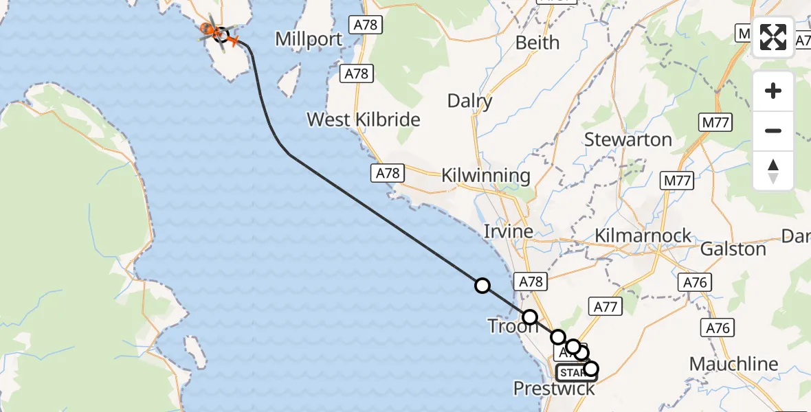 Flight route Coastguard Helicopter Glasgow Prestwick Airport - Bute Airfield, 31 October 2026, 20:47